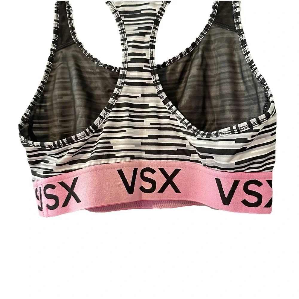 Victoria Secret VSX Sports Bra Pink Black Heather Band Logo Racerback‎ Sz Small